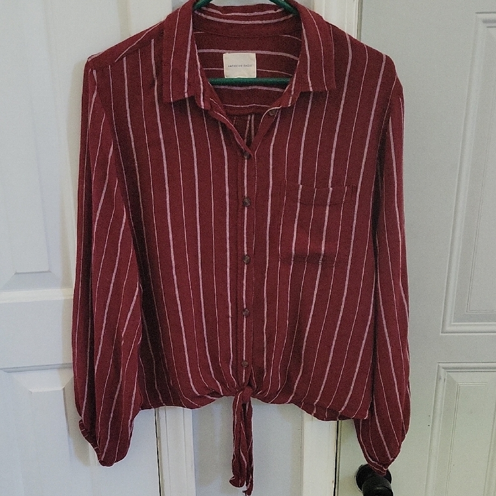American Eagle Striped Burgundy Button-Up Blouse